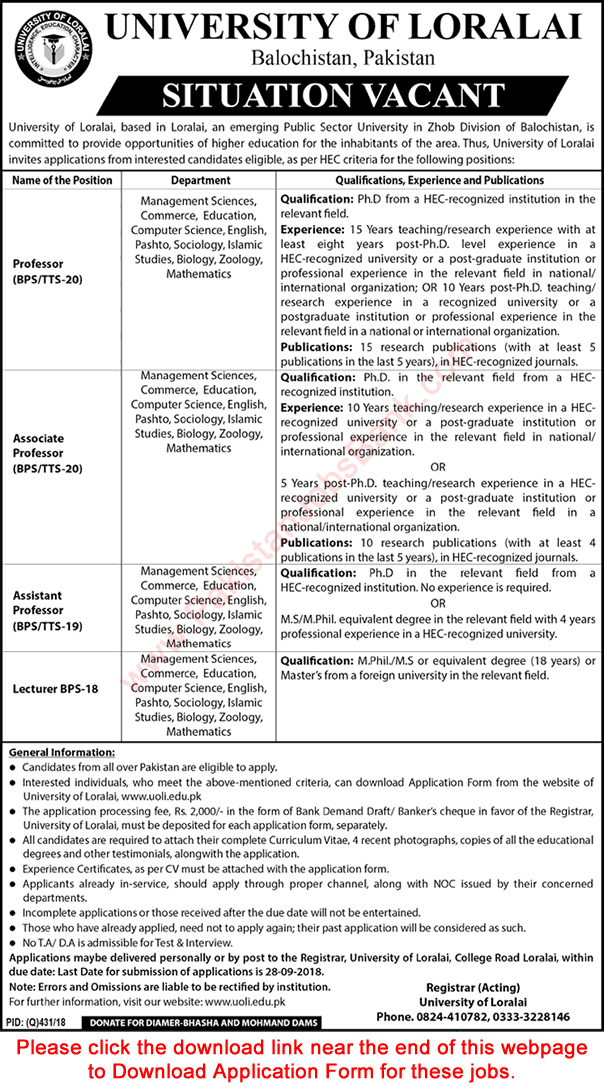 University of Loralai Jobs September 2018 Application Form UOL Teaching Faculty Latest