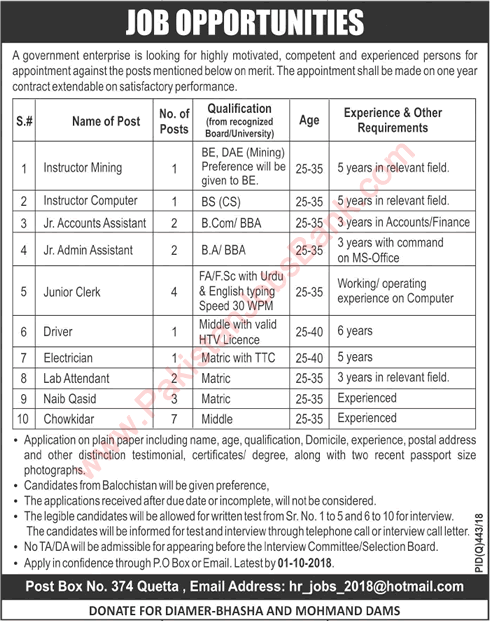 PO Box 374 Quetta Jobs 2018 September Chowkidar, Clerks & Others Latest