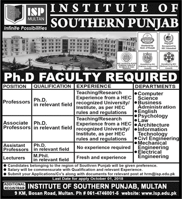 Institute of Southern Punjab Multan Jobs 2018 September ISP Teaching Faculty Latest