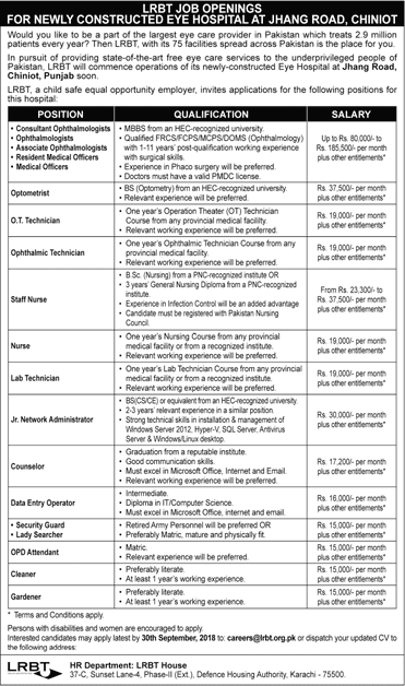 LRBT Jobs September 2018 in Chiniot Eye Hospital Latest