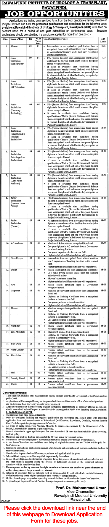 Rawalpindi Institute of Urology and Transplant Jobs September 2018 RIUT Application Form Latest