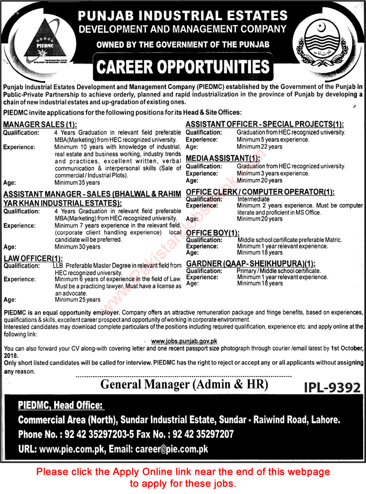 PIEDMC Jobs September 2018 Punjab Industrial Estates Development and Management Company Latest