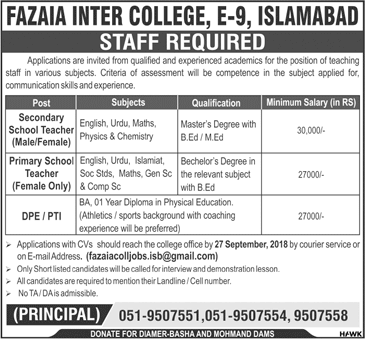 Teaching Jobs in Fazaia Inter College Islamabad September 2018 Latest