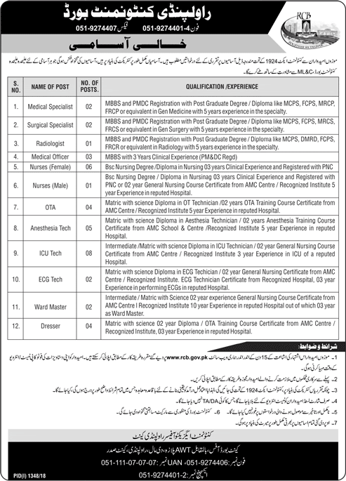 Rawalpindi Cantonment Board Jobs September 2018 RCB Medical Staff Latest