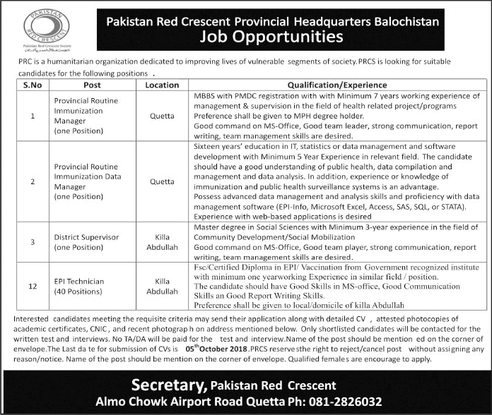 Pakistan Red Crescent Society Balochistan Jobs September 2018 PRCS EPI Technicians & Others Latest