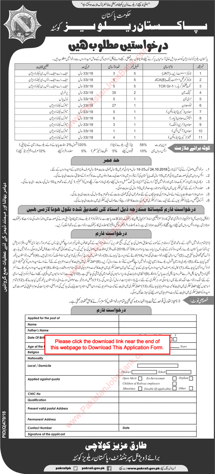 Pakistan Railways Quetta Jobs October 2018 Application Form Gangman, Muawan / Helpers & Others Latest