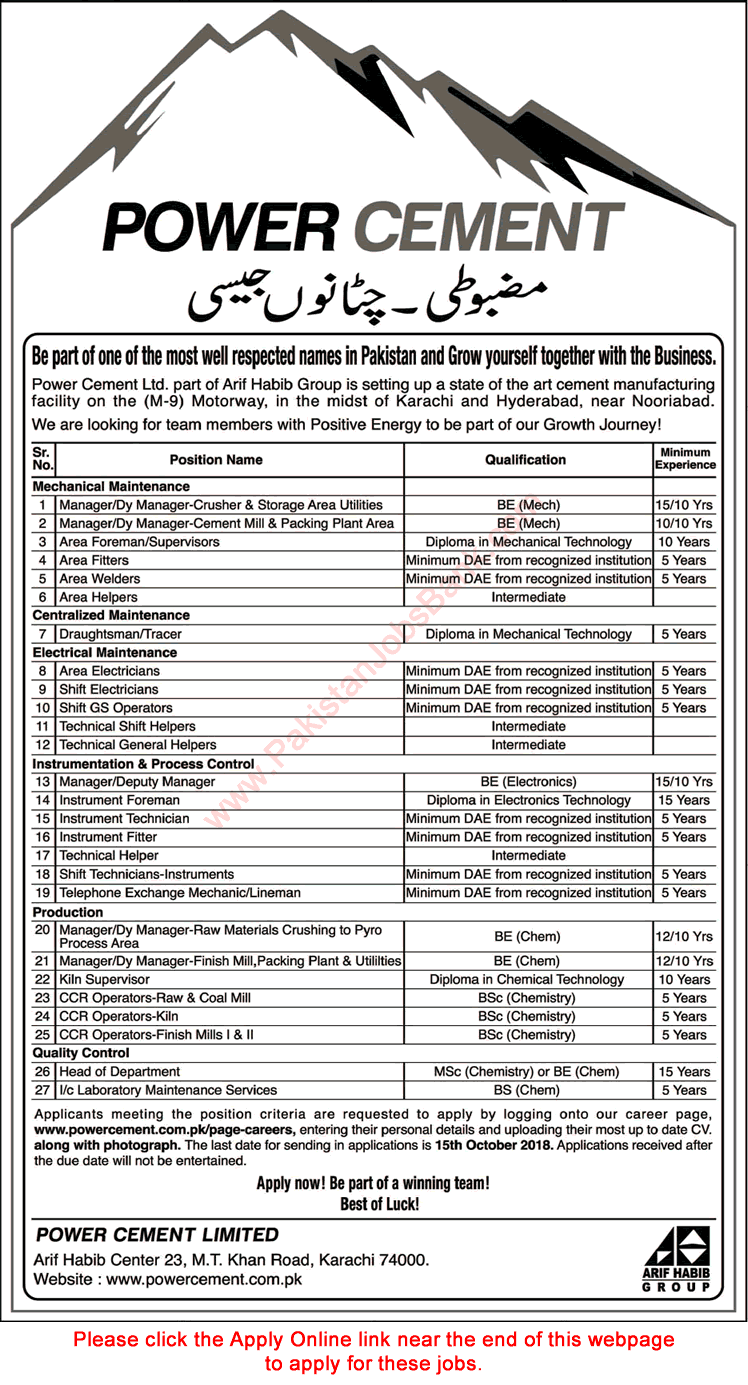 Power Cement Limited Jobs October 2018 Apply Online Nooriabad Latest