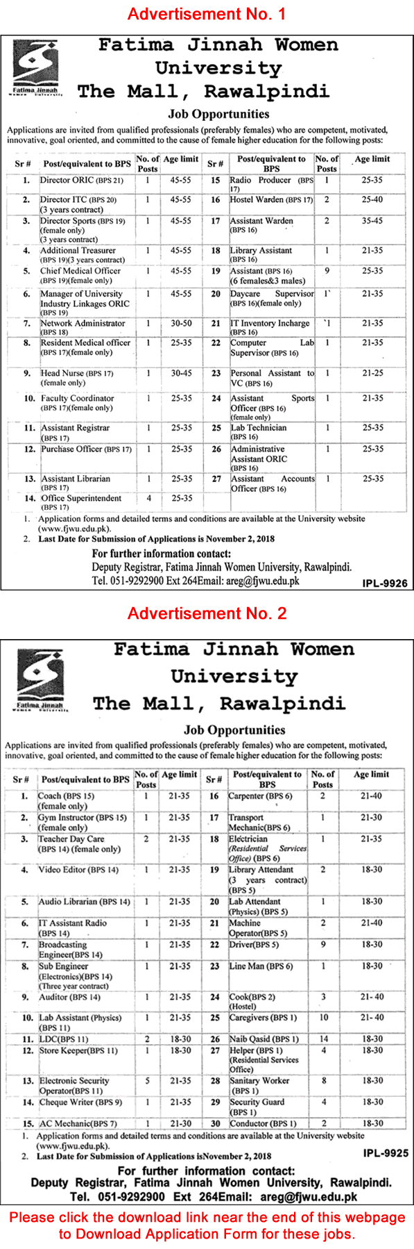 Fatima Jinnah Women University Rawalpindi Jobs October 2018 Application Form Download Latest