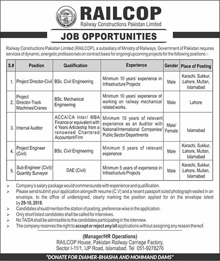 RAILCOP Jobs 2018 October Railway Constructions Pakistan Limited Latest