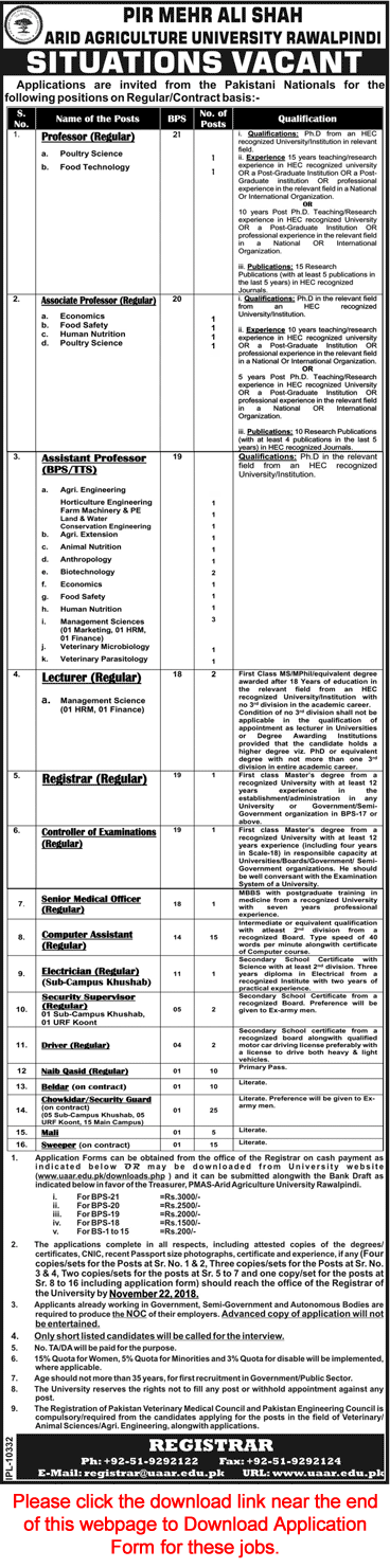 Arid Agriculture University Rawalpindi Jobs October 2018 PMAS UAAR Application Form Latest