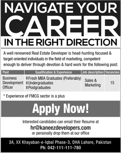 Sales and Marketing Jobs in Lahore October / November 2018 Kaneez Developers Latest