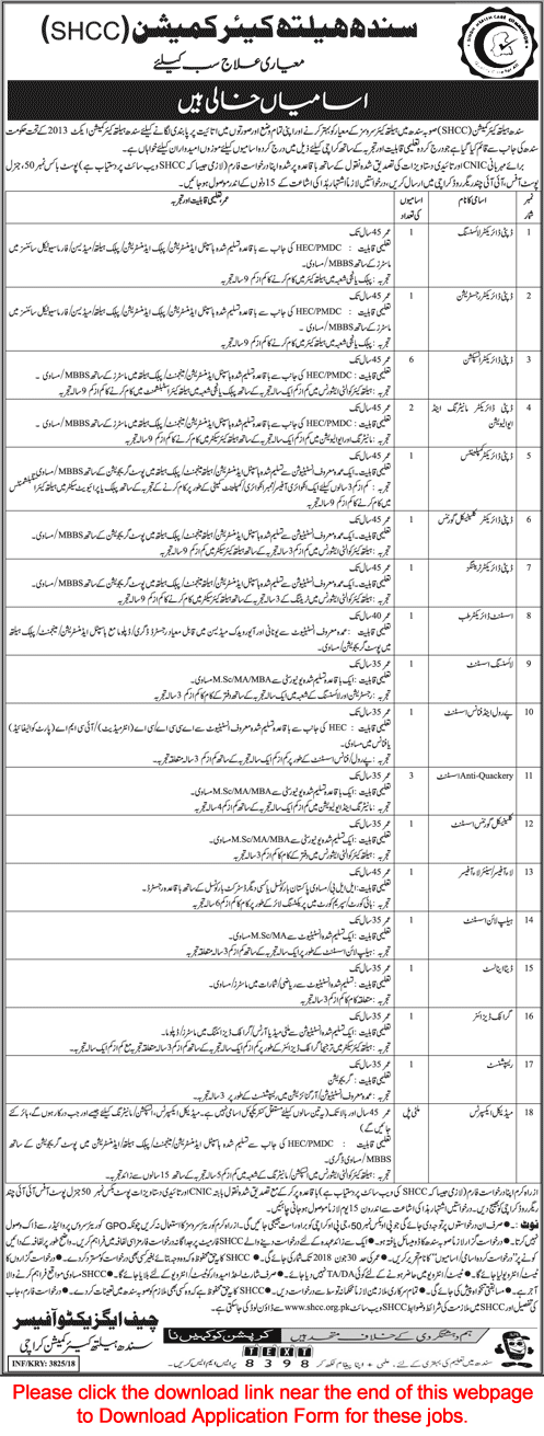 Sindh Healthcare Commission Jobs October / November 2018 SHCC Application Form Latest
