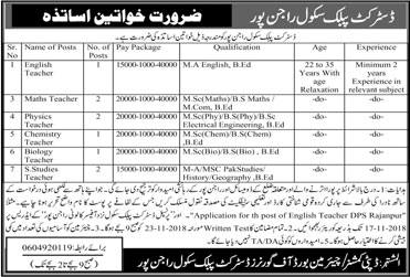 Female Teaching Jobs in District Public School Rajanpur October / November 2018 Latest