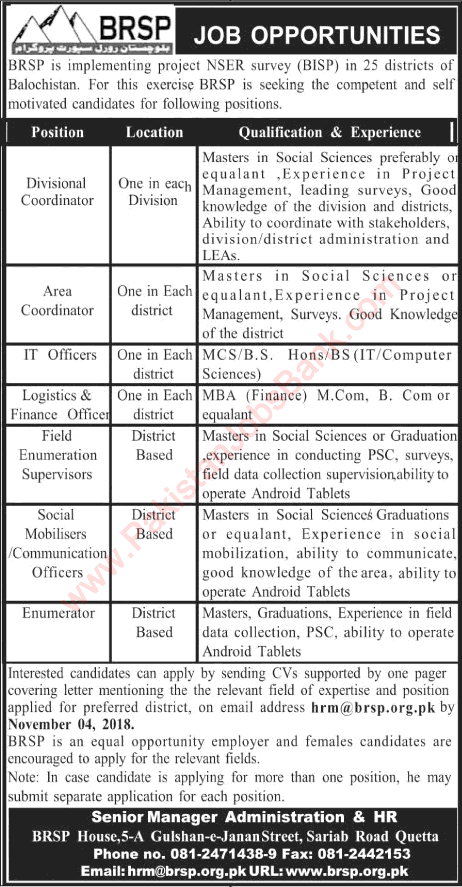 BRSP Balochistan Jobs November 2018 BISP NSER Survey Latest