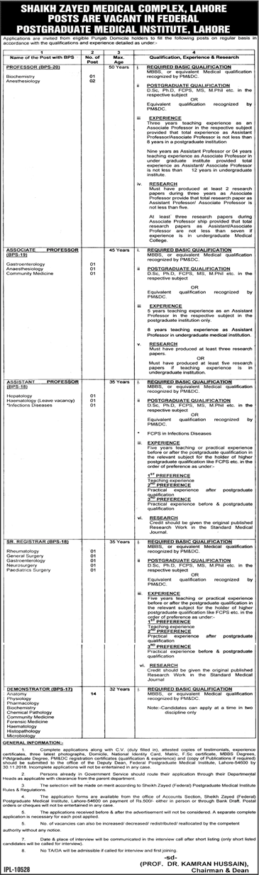 Shaikh Zayed Medical Complex Lahore Jobs 2018 November Postgraduate Medical Institute Latest