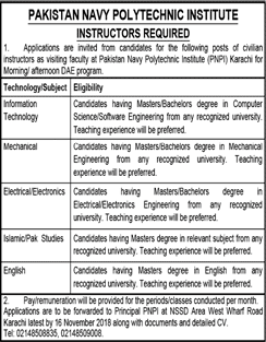 Instructor Jobs in Pakistan Navy Polytechnic Institute Karachi 2018 November PNPI Latest