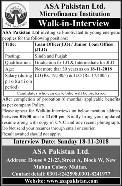 Loan Officer Jobs in ASA Pakistan November 2018 Walk in Interview Latest