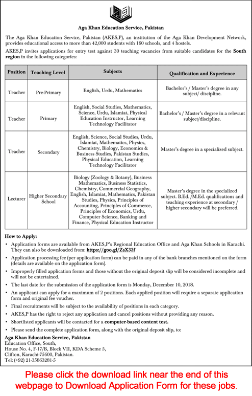 Aga Khan Education Service Pakistan Jobs November 2018 Application Form Teachers & Lecturers Latest