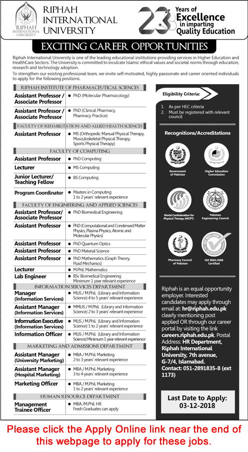 Riphah International University Islamabad Jobs November 2018 Apply Online Teaching Faculty & Others Latest