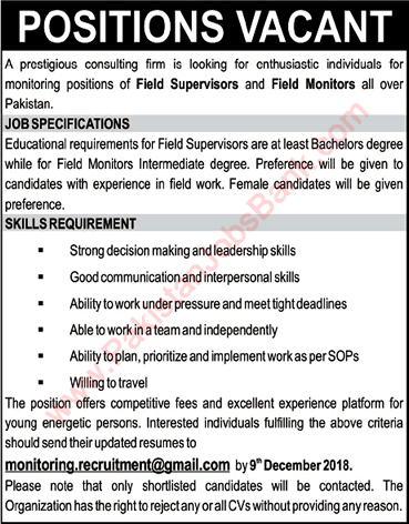 Field Monitors / Supervisors Jobs in Pakistan December 2018 Latest