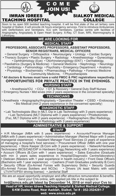 Sialkot Medical College Jobs December 2018 Imran Idrees Teaching Hospital Latest