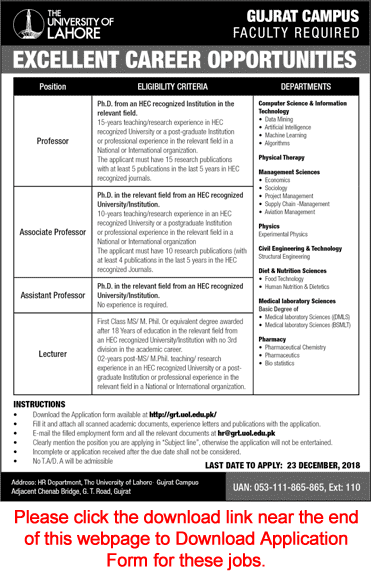 University of Lahore Gujrat Campus Jobs December 2018 Application Form Teaching Faculty Latest