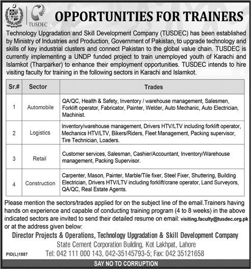 TUSDEC Jobs December 2018 Sindh Visiting Faculty / Trainers Technology Upgradation and Skill Development Company Latest