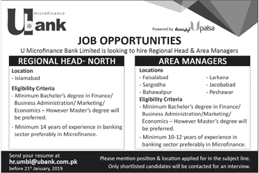 U Microfinance Bank Limited Jobs 2019 Area Managers & Regional Head Latest