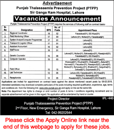 Punjab Thalassaemia Prevention Project Jobs 2019 Apply Online Field Officers, Lab Technicians & Others Latest