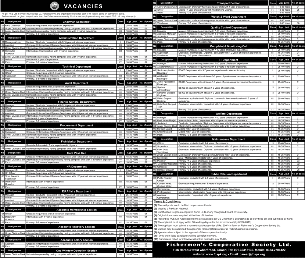 Fishermen Cooperative Society Karachi Jobs 2019 Clerks, Watchman & Others FCS Ltd. Latest