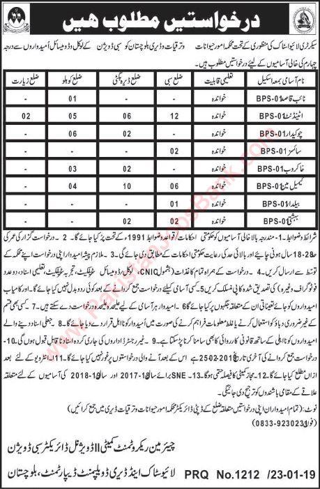 Livestock and Dairy Development Department Balochistan Jobs 2019 Attendants & Others Latest