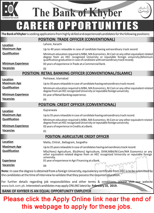 Bank of Khyber Jobs 2019 January Apply Online Agriculture Credit Officers & Others Latest