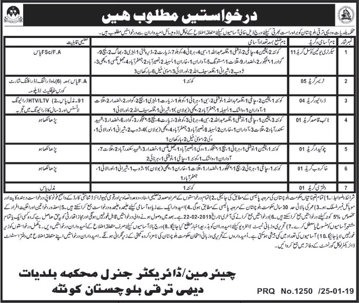 Local Government and Rural Development Department Balochistan Jobs 2019 Naib Qasid, Chowkidar & Others Latest