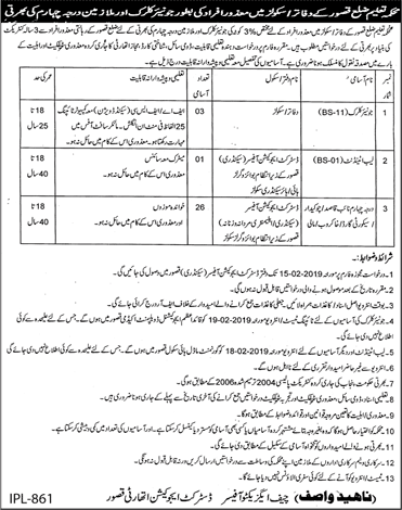 Education Department Kasur Jobs 2019 January / February Class 4, Naib Qasid & Others Disable Quota Latest