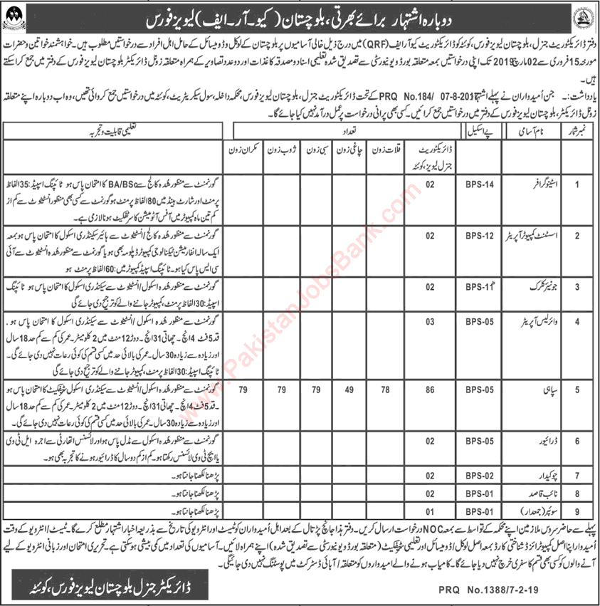 Balochistan Levies Force Jobs 2019 February Sipahi, Wireless Operators & Others QRF Latest