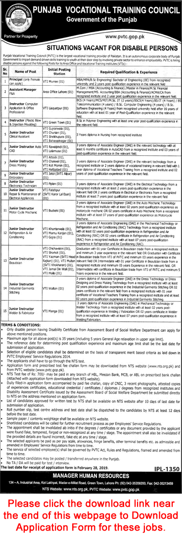 PVTC Punjab Jobs 2019 February NTS Application Form Junior Instructors & Others for Disabled Persons Latest
