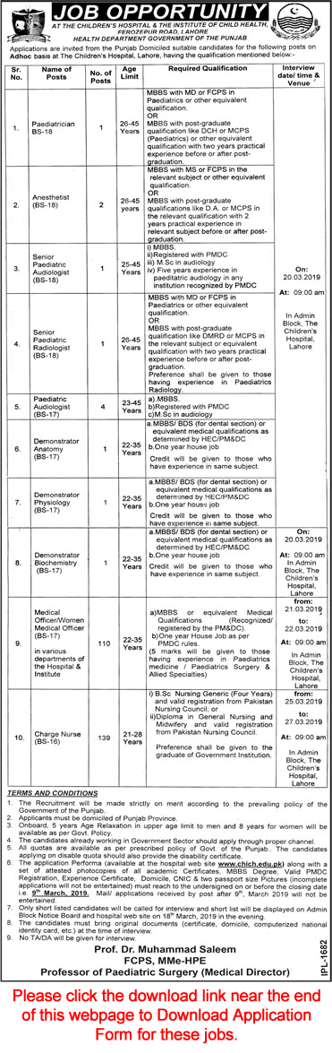 Children's Hospital Lahore Jobs February 2019 Application Form CHICH Institute of Child Health Latest