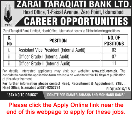 Internal Auditor Jobs in ZTBL March 2019 Apply Online Officer Grade-I / II & Assistant Vice Presidents Latest