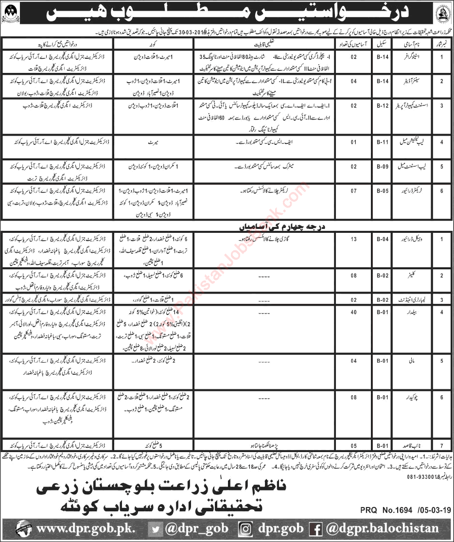 Agriculture Department Balochistan Jobs March 2019 Baildar, Drivers & Others Latest