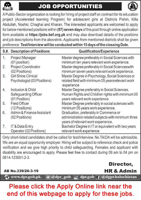 Balochistan Education Foundation Jobs March 2019 Apply Online Latest