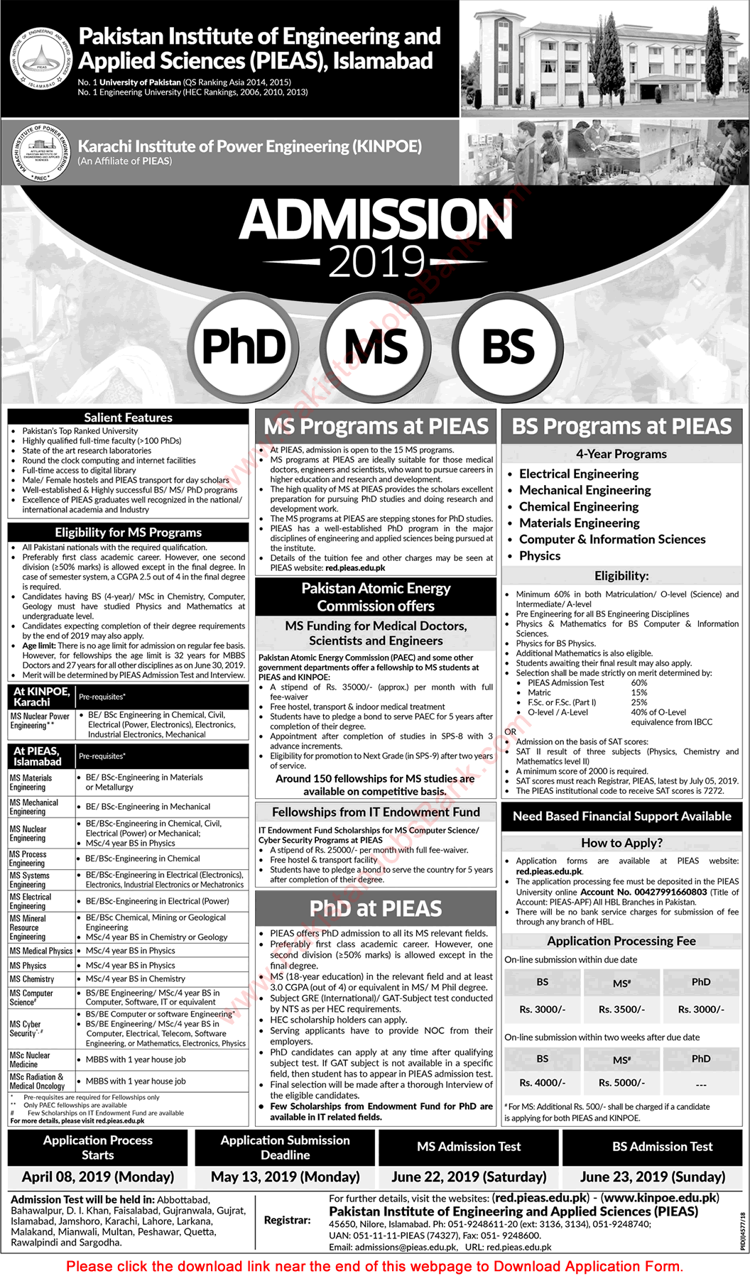 PAEC Fellowships 2019 Postgraduate / MS Programs at PIEAS & KINPOE Online Application Form Latest