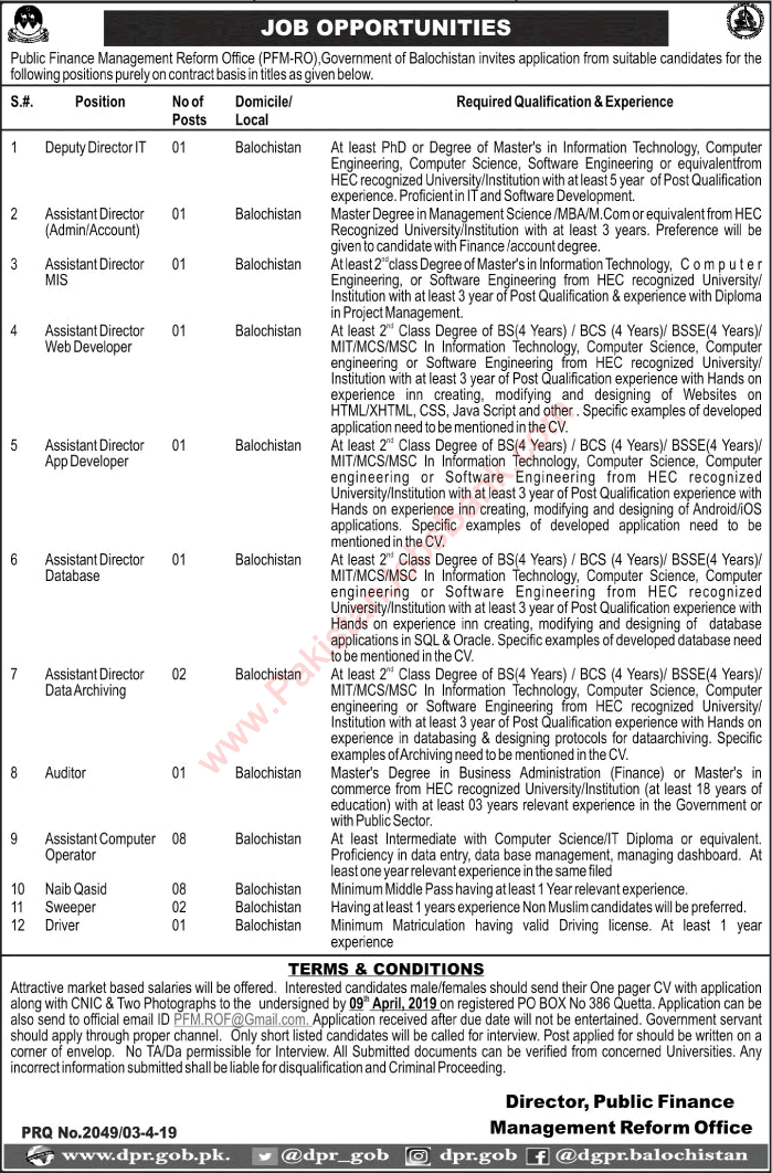 Public Finance Management Reform Office Balochistan Jobs 2019 April Computer Operators, Naib Qasid & Others Latest