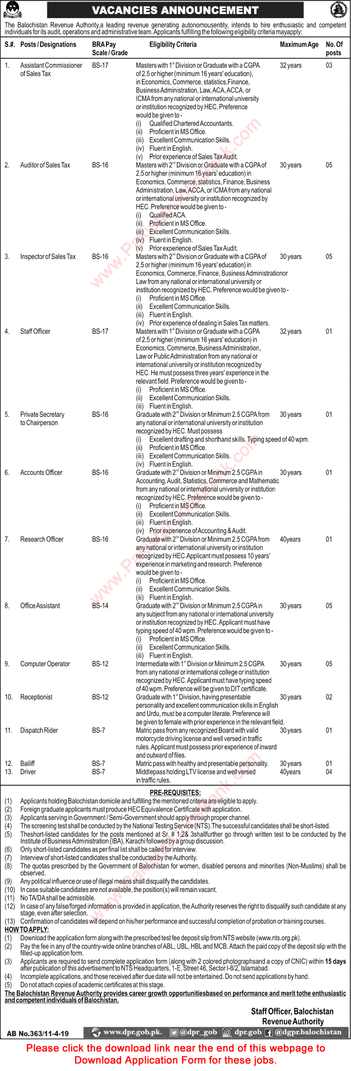 Balochistan Revenue Authority Jobs 2019 April NTS Application Form Auditors, Inspectors & Others Latest