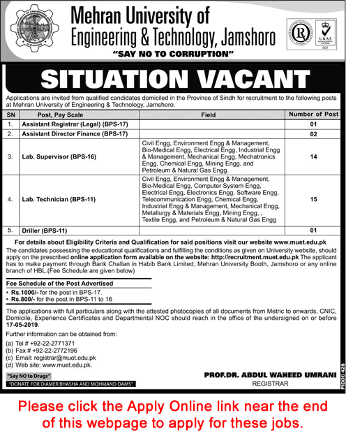 Mehran University of Engineering and Technology Jamshoro Jobs 2019 April Apply Online Lab Technicians / Supervisors & Others Latest