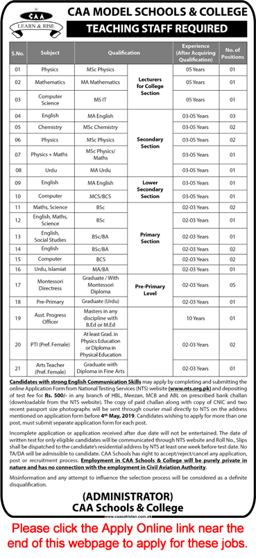 CAA Model Schools and College Jobs 2019 April NTS Online Apply Teaching Faculty & Others Latest