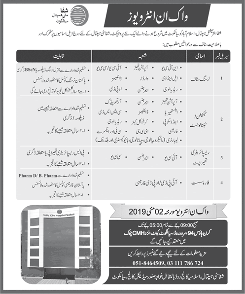 Shifa International Hospital Sialkot Jobs 2019 Walk in Interview Latest