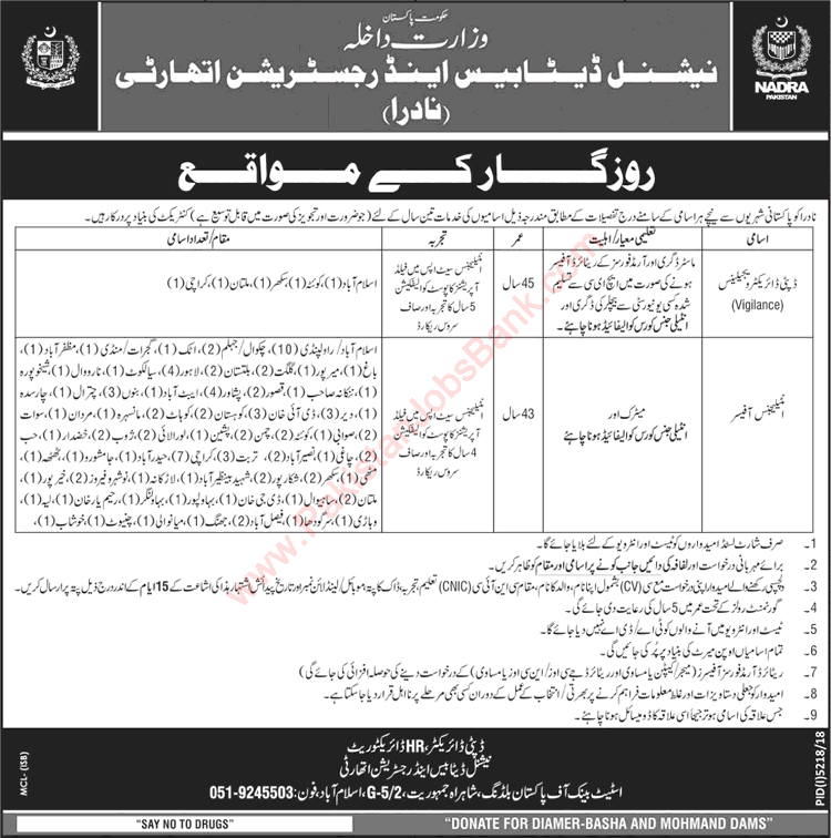 NADRA Jobs May 2019 Intelligence Officers & Deputy Director Vigilance National Database and Registration Authority Latest