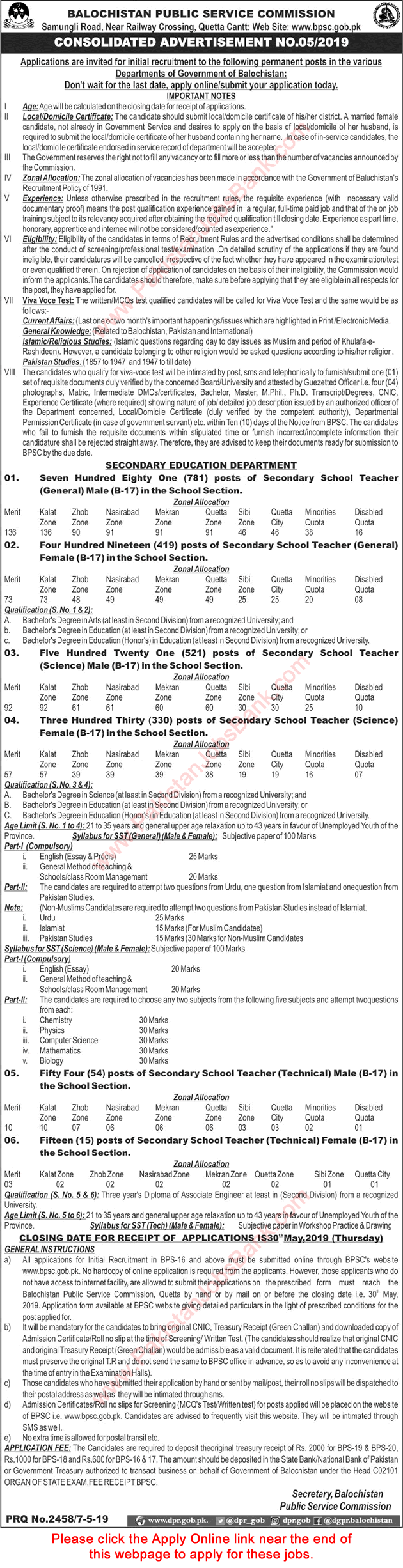 Secondary School Teacher Jobs in Secondary Education Department Balochistan 2019 May BPSC Apply Online Latest