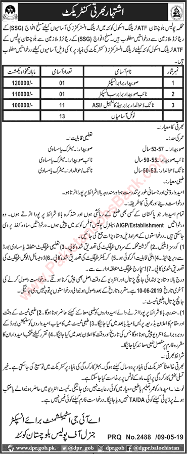 Training Instructor Jobs in Balochistan Police 2019 May ATF Training School 2019 May Ex/Retired SSG / Army Personnel Latest