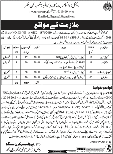 College Education Department Sukkur Jobs June 2019 Clerks, Computer Lab Assistants & Others Latest